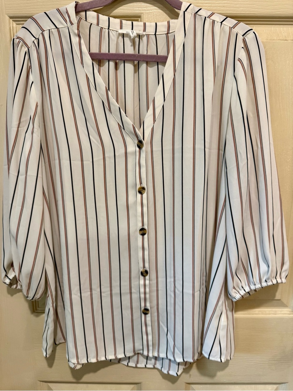 Maurices White Button-Down Blouse with Black & Brown Stripes